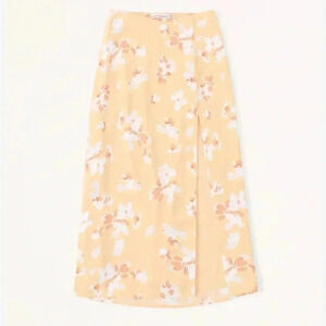 Abercrombie & Fitch Floral Tropical Dipped Waist Midi Skirt, Yellow/White, Small